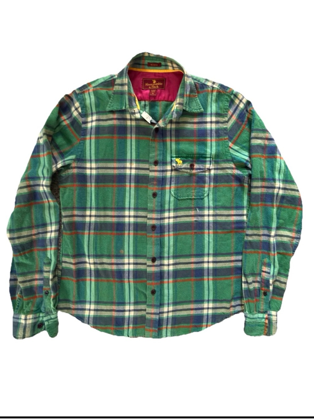 NWT Vintage Abercrombie & Fitch Muscle Fit Flannel Plaid Shirt Green Yellow XL